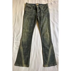 Y2K Antik Denim Embroidered Distressed Bootcut Jeans Dark Wash 28 Made in USA